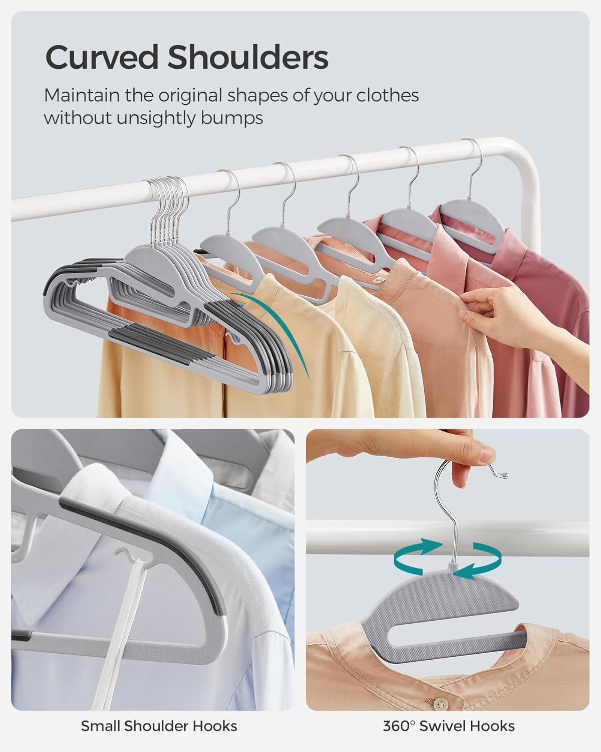 50 Pack Coat Hangers, Heavy-Duty Plastic Suit Hangers, S-Shaped Opening, Space-Saving, 360º Swivel Hook, 16.3 Inches Wide, Light Gray and Dark Gray UCRP41G-50