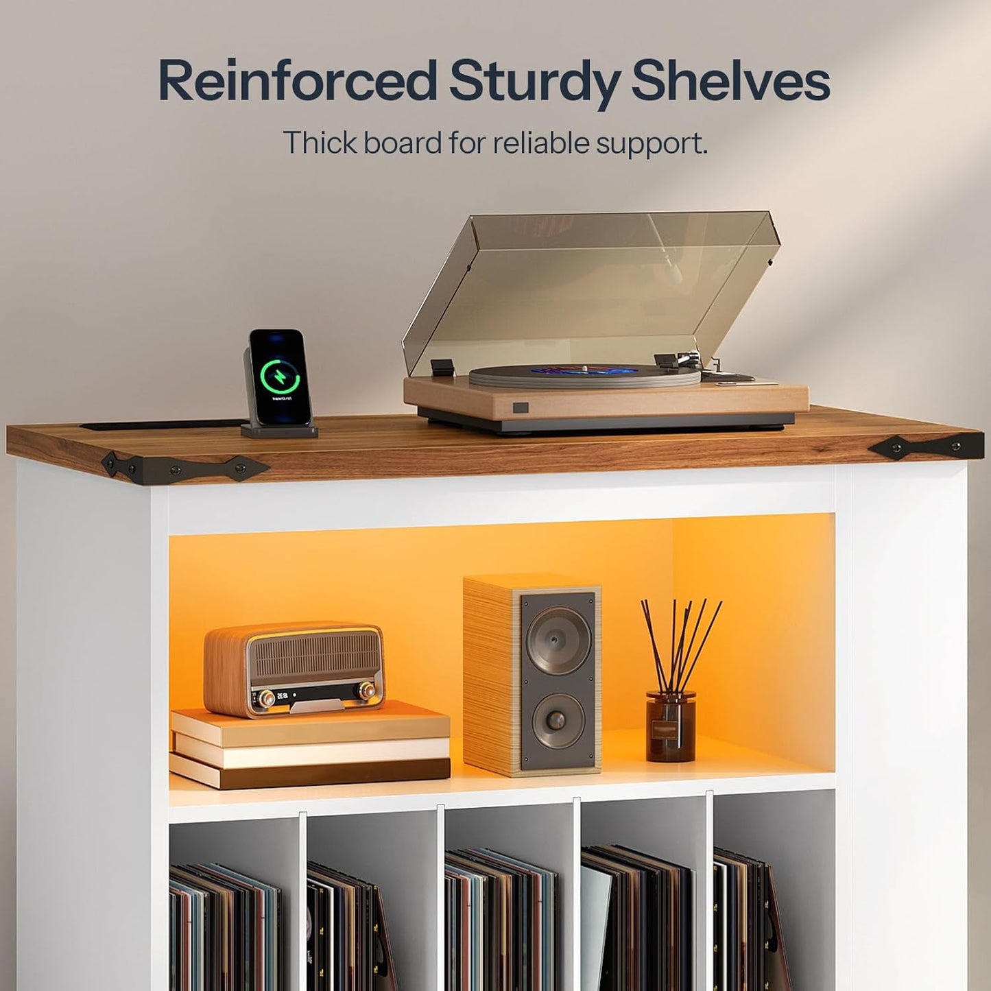 Large Record Player Stand with Charging Station & LED Lights, Vinyl Record Storage Table Holds up to 230 Albums, Turntable Stand with Display Shelf for Living Room, Walnut and White WH80UDRS01