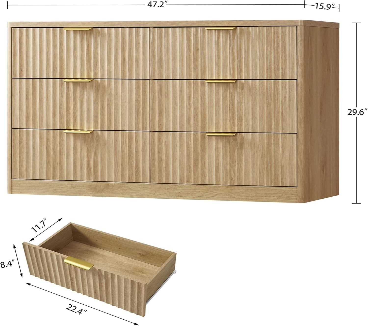 Fluted 6 Drawer Dresser for Bedroom, Wide Modern Chest of Drawers with Metal Handle, Curved Profile Design, Wood Closet Clothes Storage Organizer for Bedroom, Hallway, Natural