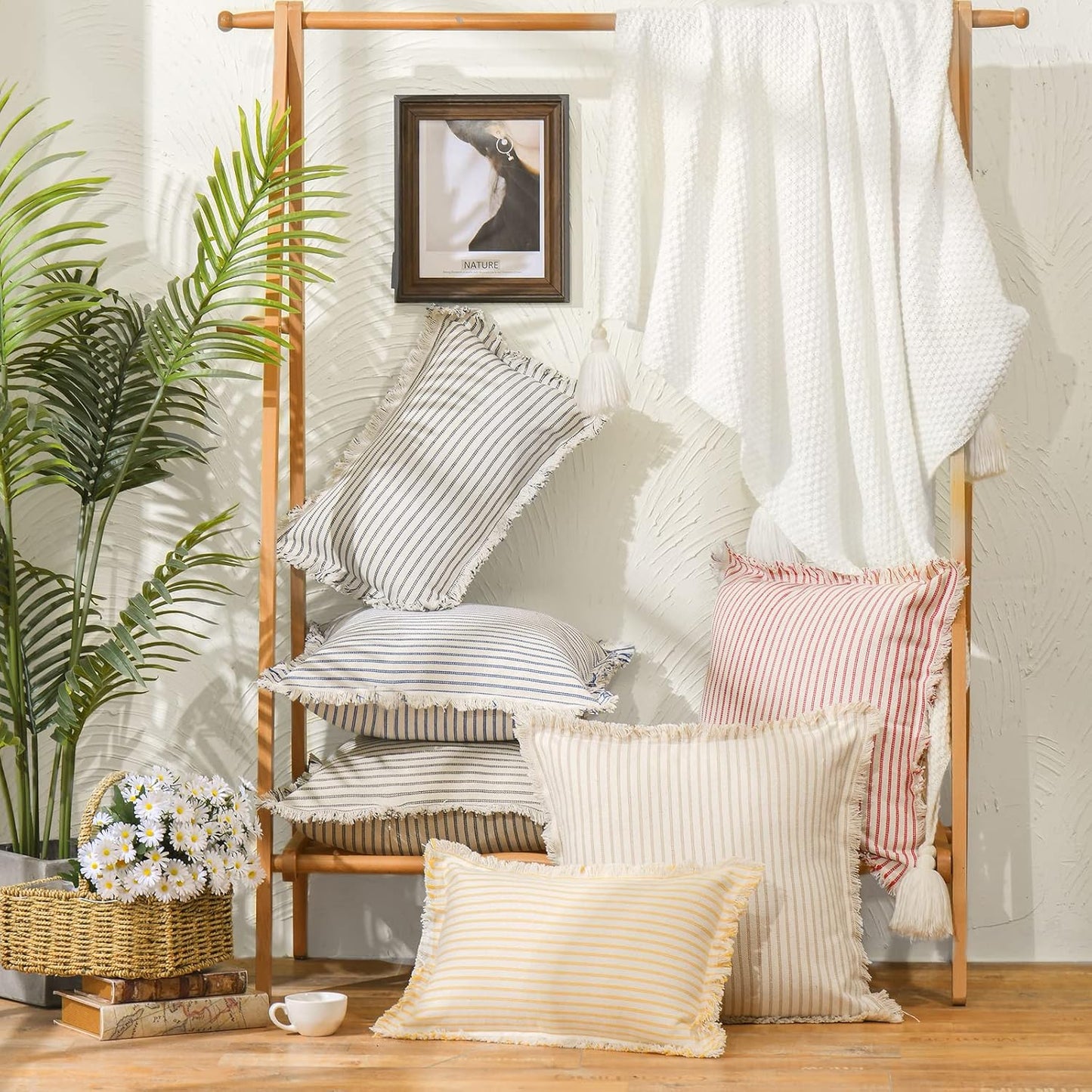 Throw Pillow Covers 18X18 Set of 2 Striped Pillow Covers with Fringe Chic Cotton Decorative Pillows Square Cushion Covers for Sofa Couch Bed Living Room Farmhouse Decor