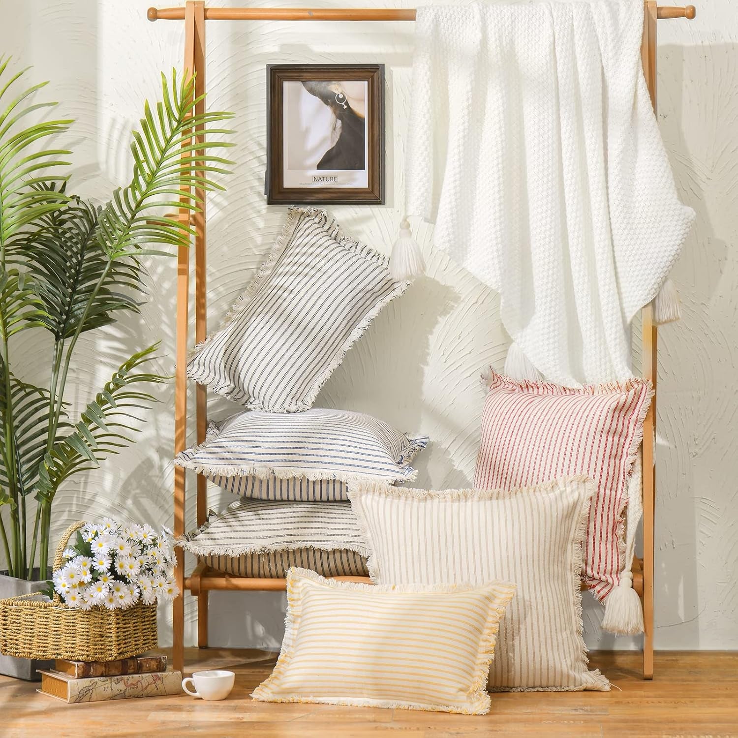 Throw Pillow Covers 18X18 Set of 2 Striped Pillow Covers with Fringe Chic Cotton Decorative Pillows Square Cushion Covers for Sofa Couch Bed Living Room Farmhouse Decor