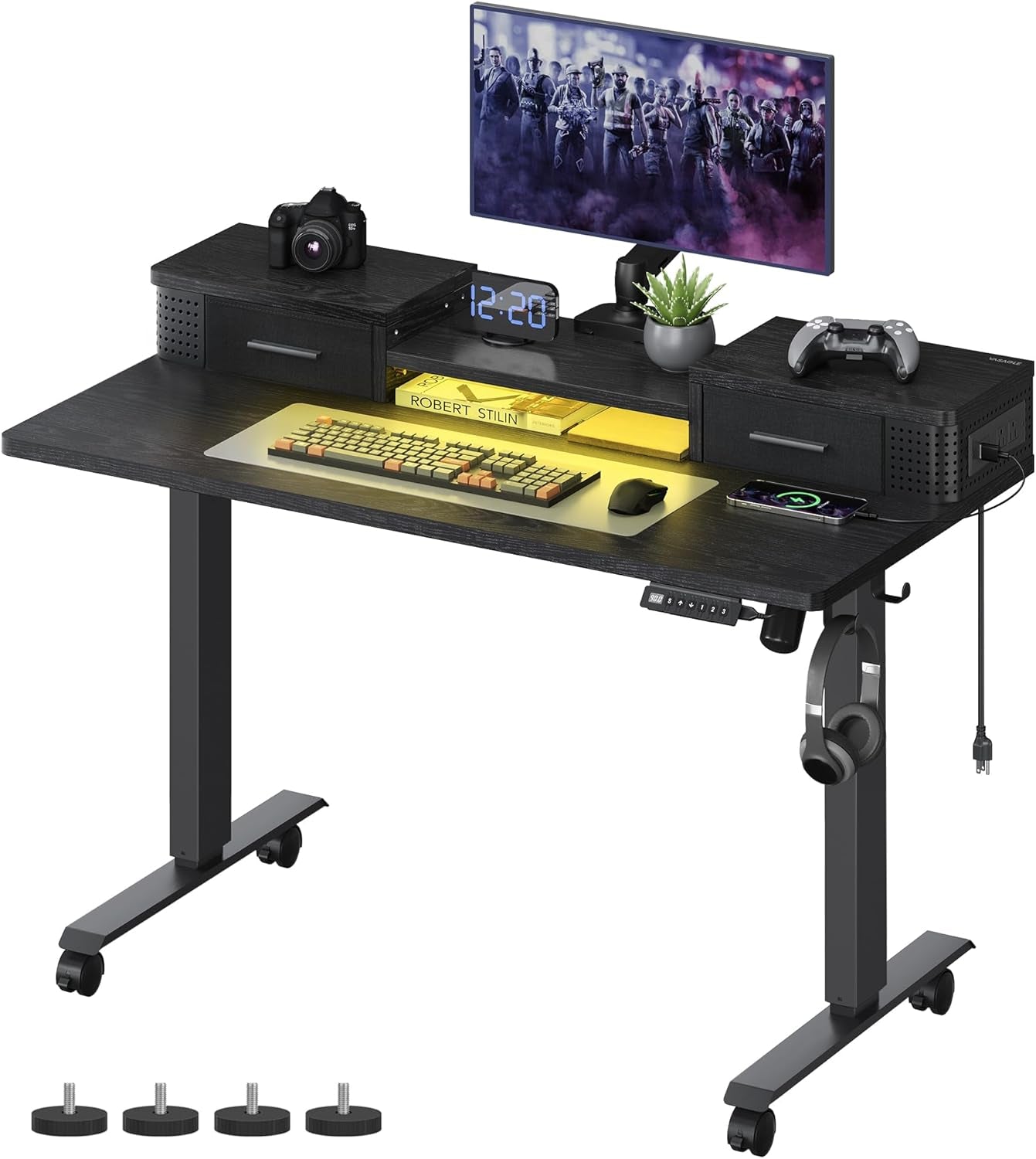 Electric Standing Desk with Drawers, 47.2 X 23.6 Inches, Sit Stand Desk with Power Outlet and LED Lights, Adjustable Height, Storage Shelf, 3 Memory Buttons, for Home Office, Ink Black
