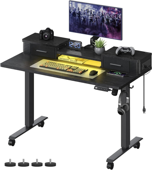 Electric Standing Desk with Drawers, 47.2 X 23.6 Inches, Sit Stand Desk with Power Outlet and LED Lights, Adjustable Height, Storage Shelf, 3 Memory Buttons, for Home Office, Ink Black