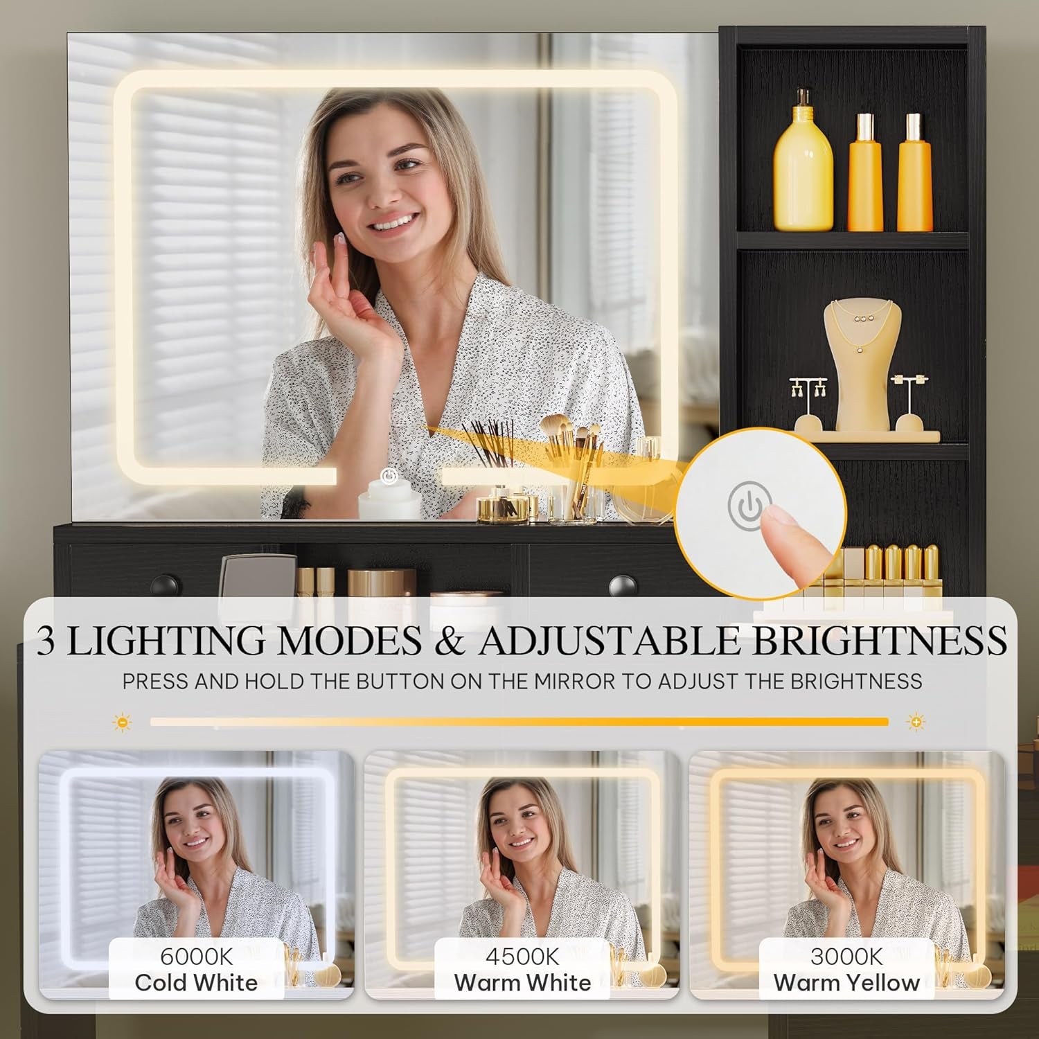 Large Vanity Desk with Mirror - RGB LED and Charging Station, Make up Vanity Mirror with 3 Lights Mode and Brightness Adjusted, Large Storage Space-10 Drawers, 3 Open Shelves, Black