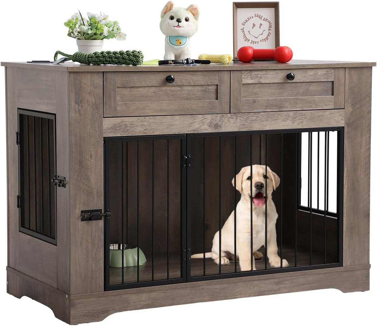 Dog Crate Furniture, Heavy Duty Dog Kennel Furniture for Medium Dogs, Wooden Double Dog Kennel Furniture with 2 Storage Drawers, Tv Stand Dog Cage with Power Outlet (Grey, 47“)