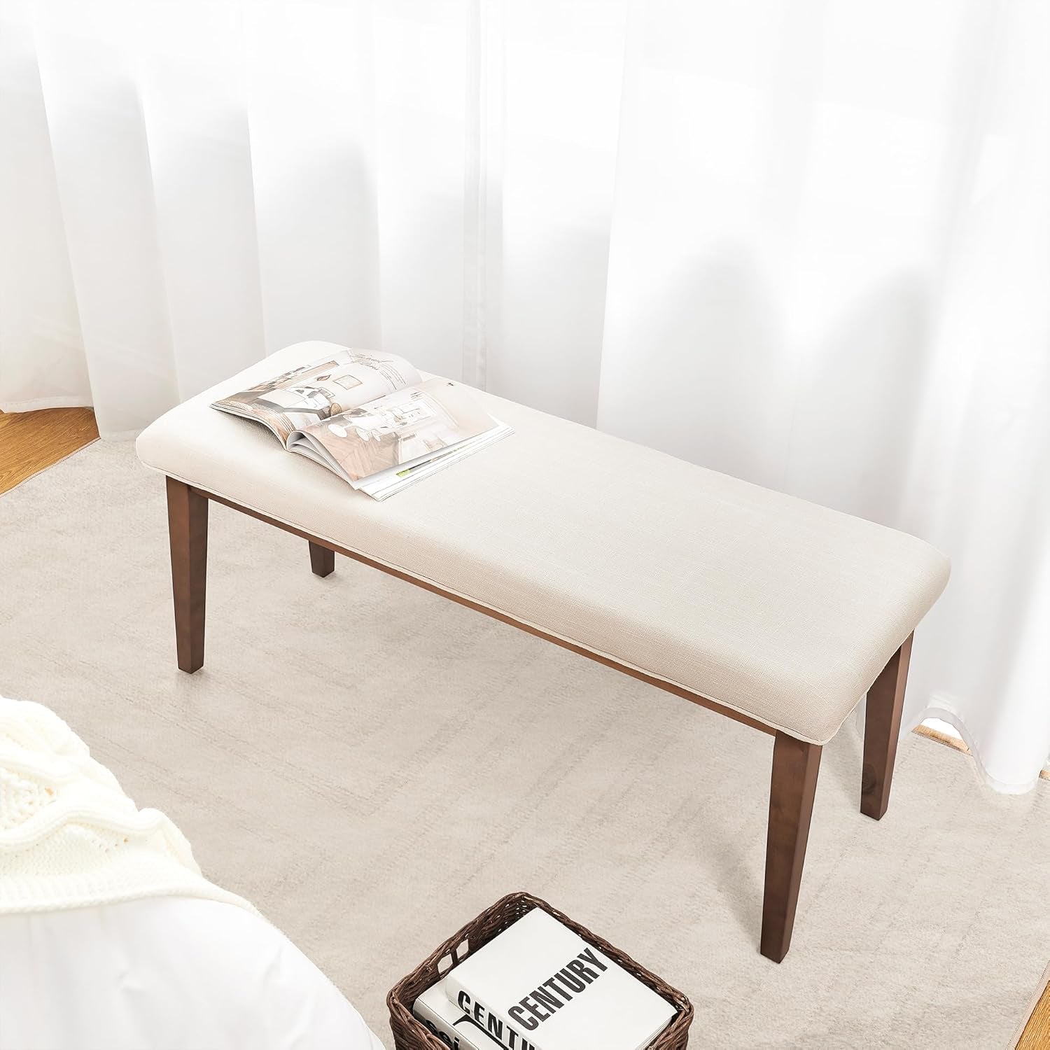 Upholstered Bench for Bedroom End of Bed,42.5-Inch Entryway Bench for Living Room,Dining Bench with Padded Seat and Solid Wood Leg for Kitchen Bedroom,Indoor and Hallway (Bench, Beige)