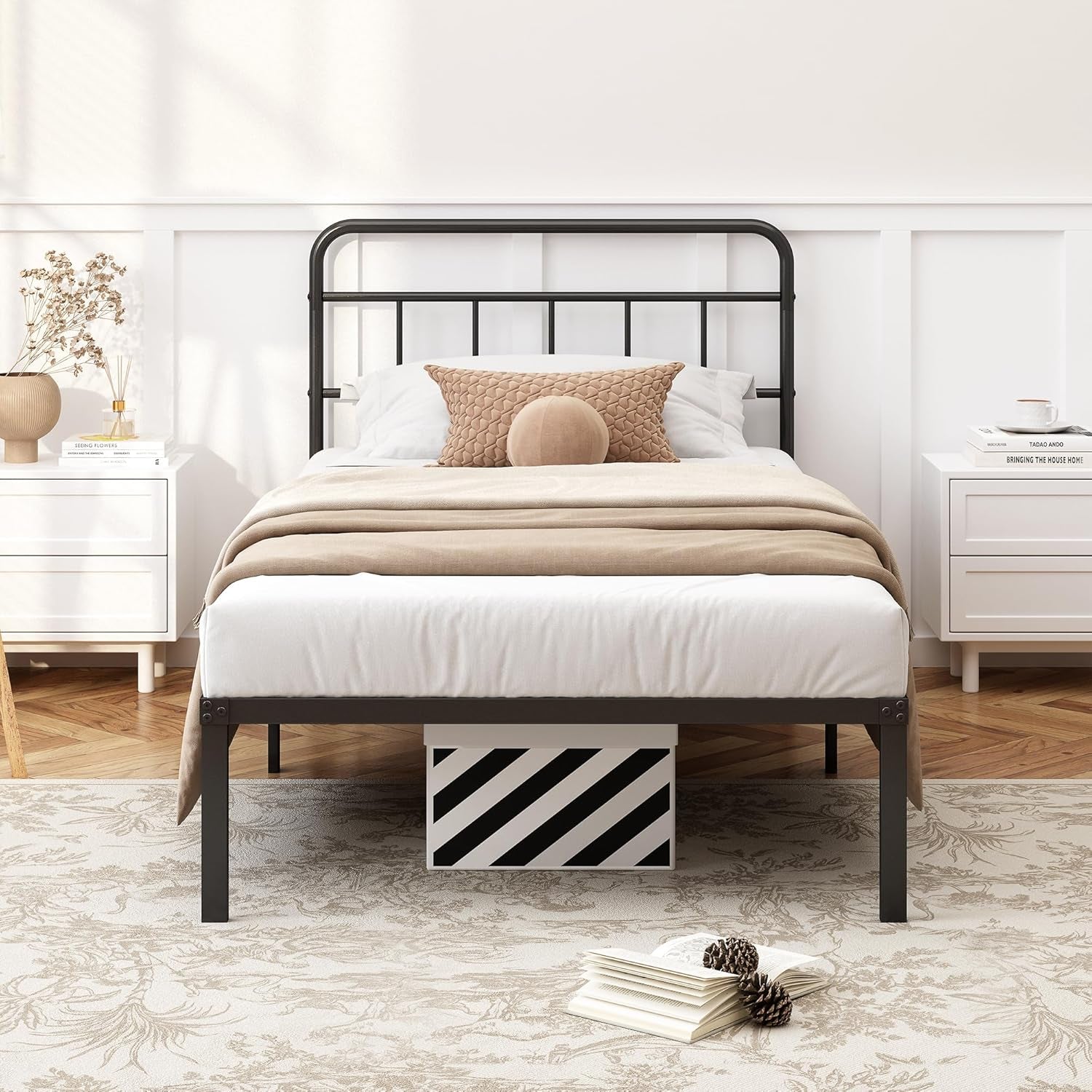 12 Inches Twin Size Bed Frame with Minimalist Headboard,Metal Platform Base with Strong Metal Slats,Mattress Foundation for under Bed Storage,Easy Assembly,Black
