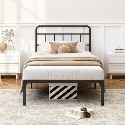 12 Inches Twin Size Bed Frame with Minimalist Headboard,Metal Platform Base with Strong Metal Slats,Mattress Foundation for under Bed Storage,Easy Assembly,Black