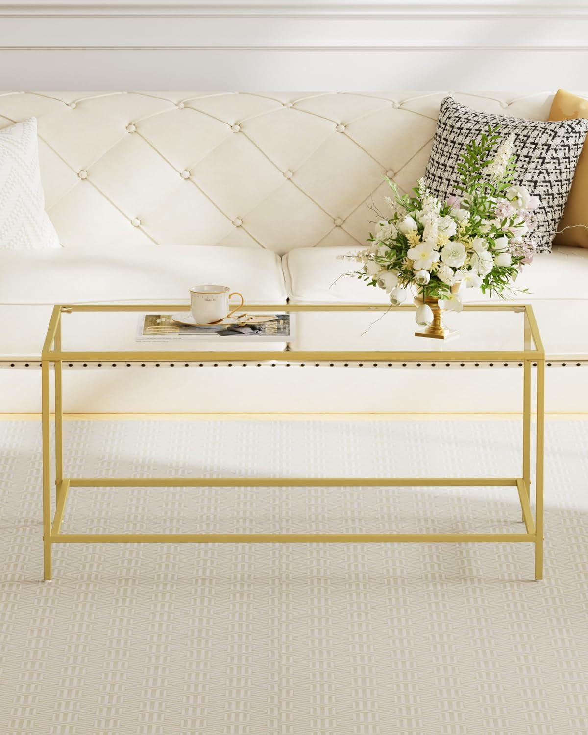 Glass Coffee Table, Modern Rectangular Coffee Table for Living Room, Minimalist Center Tea Table with Sturdy Metal Frame for Apartment, Office, Easy Assembly, 39.4 X 19.7 X 17.7 Inches, Golden