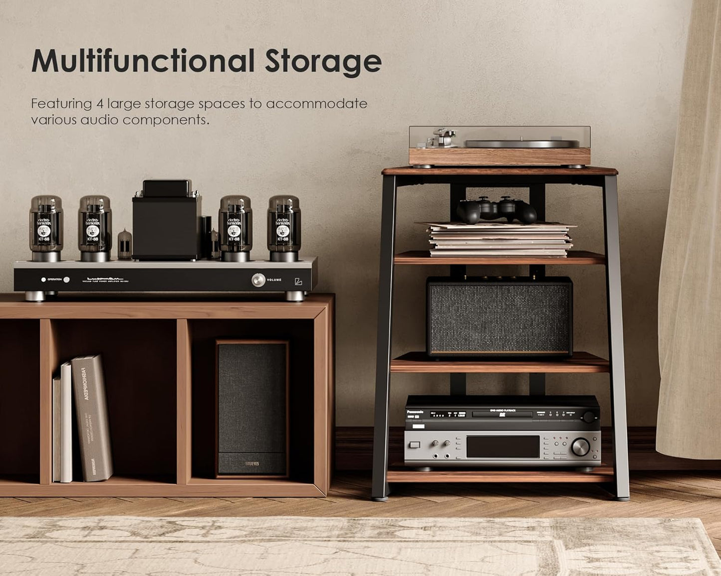 Design 4-Tier AV Media Stand Corner Shelf for Record Player Wooden Stereo Cabinet Audio Rack Tower with Height Adjustable Wooden Shelves for Ps4 (Walnut)