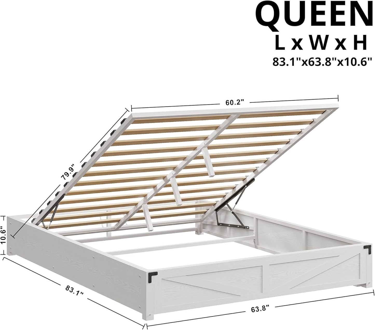 Platform Queen Size Bed Frame, Farmhouse Bed Frames with Lift up Storage, Wooden Slats, Sturdy and No Noise, Easy Assembly, White