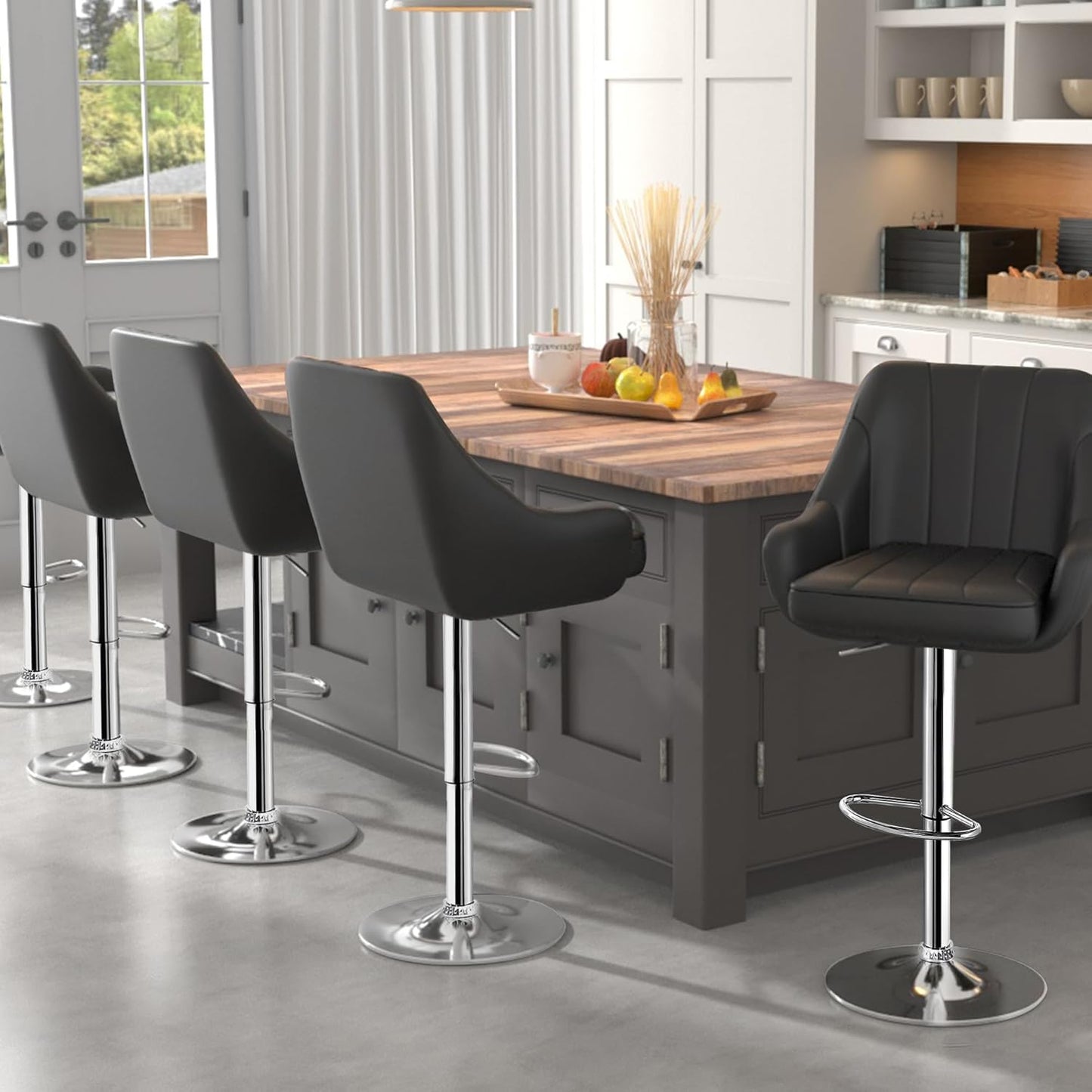 Bar Stools Set of 2, Adjustable Barstools, Counter Height Stools with Back and Arm, Kitchen Island Stools, Swivel PU Chairs for Pub, Dining Room, Modern Style, Black