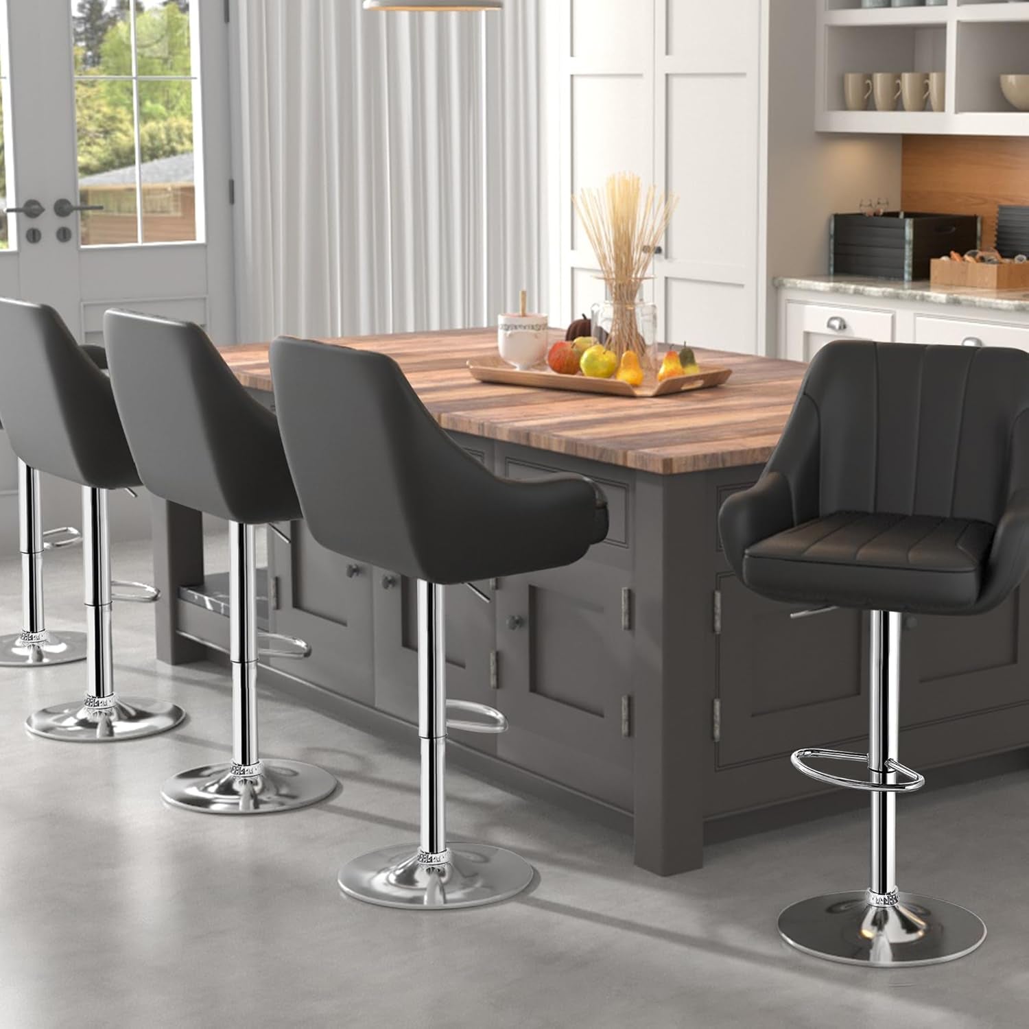 Bar Stools Set of 2, Adjustable Barstools, Counter Height Stools with Back and Arm, Kitchen Island Stools, Swivel PU Chairs for Pub, Dining Room, Modern Style, Black