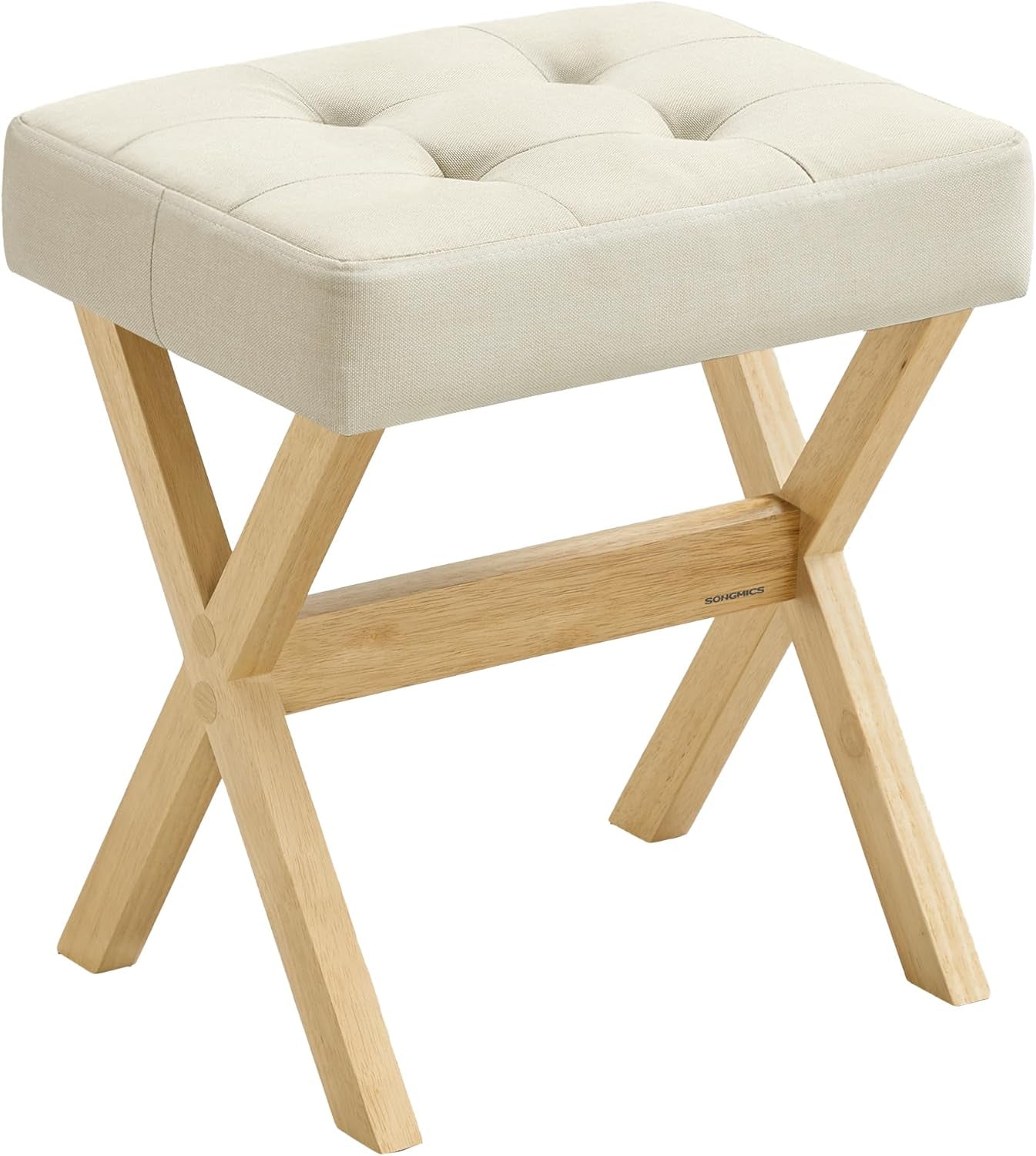 Makeup Stool, Padded Vanity Stool, Foot Rest, Solid Wood X Legs, for Bedroom, Closet, Entryway, 12.6 X 16.5 X 18.1 Inches, Summer Sand and Natural Beige ULSF006LF02