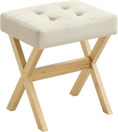 Makeup Stool, Padded Vanity Stool, Foot Rest, Solid Wood X Legs, for Bedroom, Closet, Entryway, 12.6 X 16.5 X 18.1 Inches, Summer Sand and Natural Beige ULSF006LF02