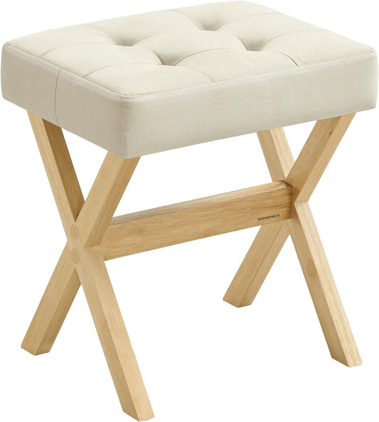 Makeup Stool, Padded Vanity Stool, Foot Rest, Solid Wood X Legs, for Bedroom, Closet, Entryway, 12.6 X 16.5 X 18.1 Inches, Summer Sand and Natural Beige ULSF006LF02