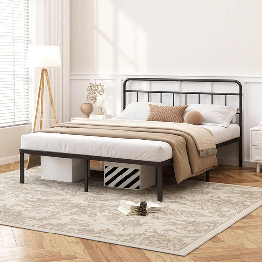 12 Inches Queen Size Bed Frame with Minimalist Headboard,Metal Platform Base with Strong Metal Slats,Mattress Foundation for under Bed Storage,Easy Assembly,Black