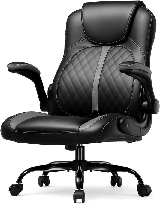 Office Computer Gaming Chair Ergonomic Desk Chair for Adults with Lumbar Support Flip-Up Arms Adjustable Height Swivel Wheels PU Leather Executive Design for Short People Use, Gray