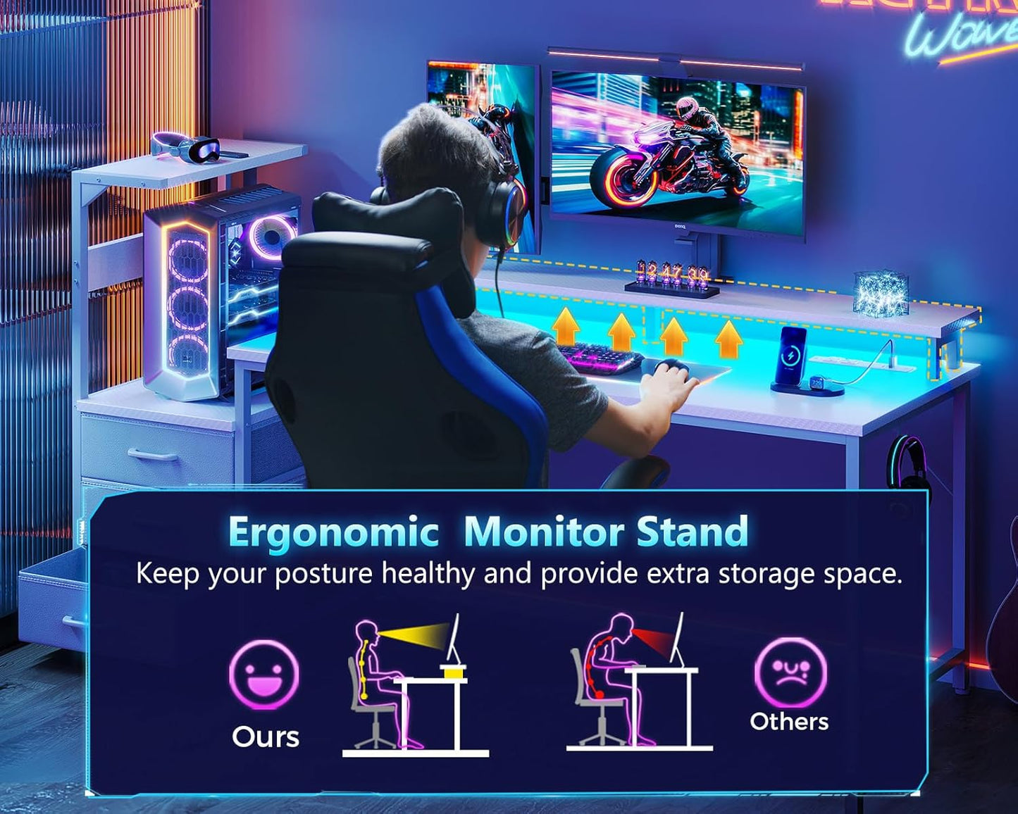 59 Inch Gaming Desk with USB Charging Ports & LED Light - Reversible Computer Desk with 3 Fabric Drawers, Monitor Stand, CPU Stand, and Side Hook, Modern Office Desk, White