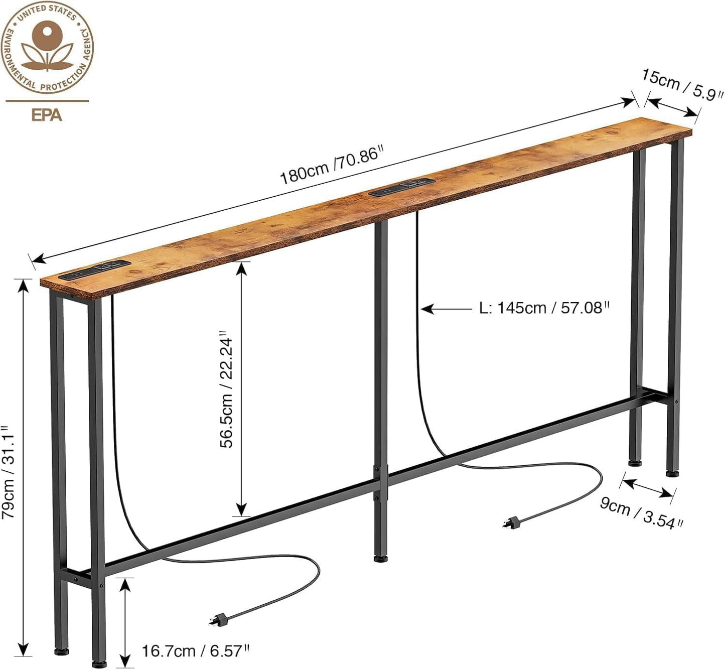 70" Narrow Console Sofa Table - Power Outlets & 2 USB Ports, Metal Frame, Rustic Brown, Perfect for Hallway, Office, and behind Sofa - Easy Assembly, 4.9' Extension Cord Included