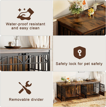 86 Inch Double Dog Crate Furniture for 2 Large Dogs, Decorative Dog Kennel Indoor TV Stand, Heavy Duty Wooden Dog Cage for Large Medium Dogs Sized Dog Pet House with Divider (Brown)