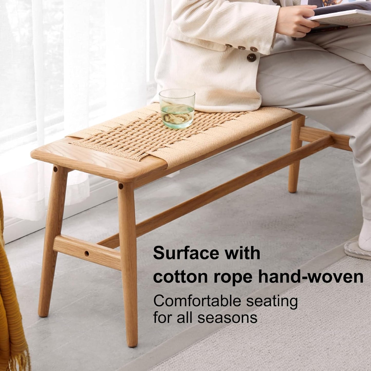100% Solid Oak Farmhouse Entryway Bench, Wooden Bench Indoor with Hand Woven Rope Surface Design, Wood Bench for End of Bed with Solid Structure(Natural, 43.31" Wx11.81 Dx15.98 H)