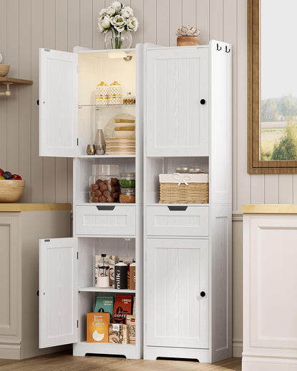 68" Tall Bathroom Storage Cabinet with Lights, Narrow Bathroom Storage Cabinet with Adjustable Shelves & 2 Hooks, Slim Freestanding Cabinet for Small Space, Kitchen, Living Room, White