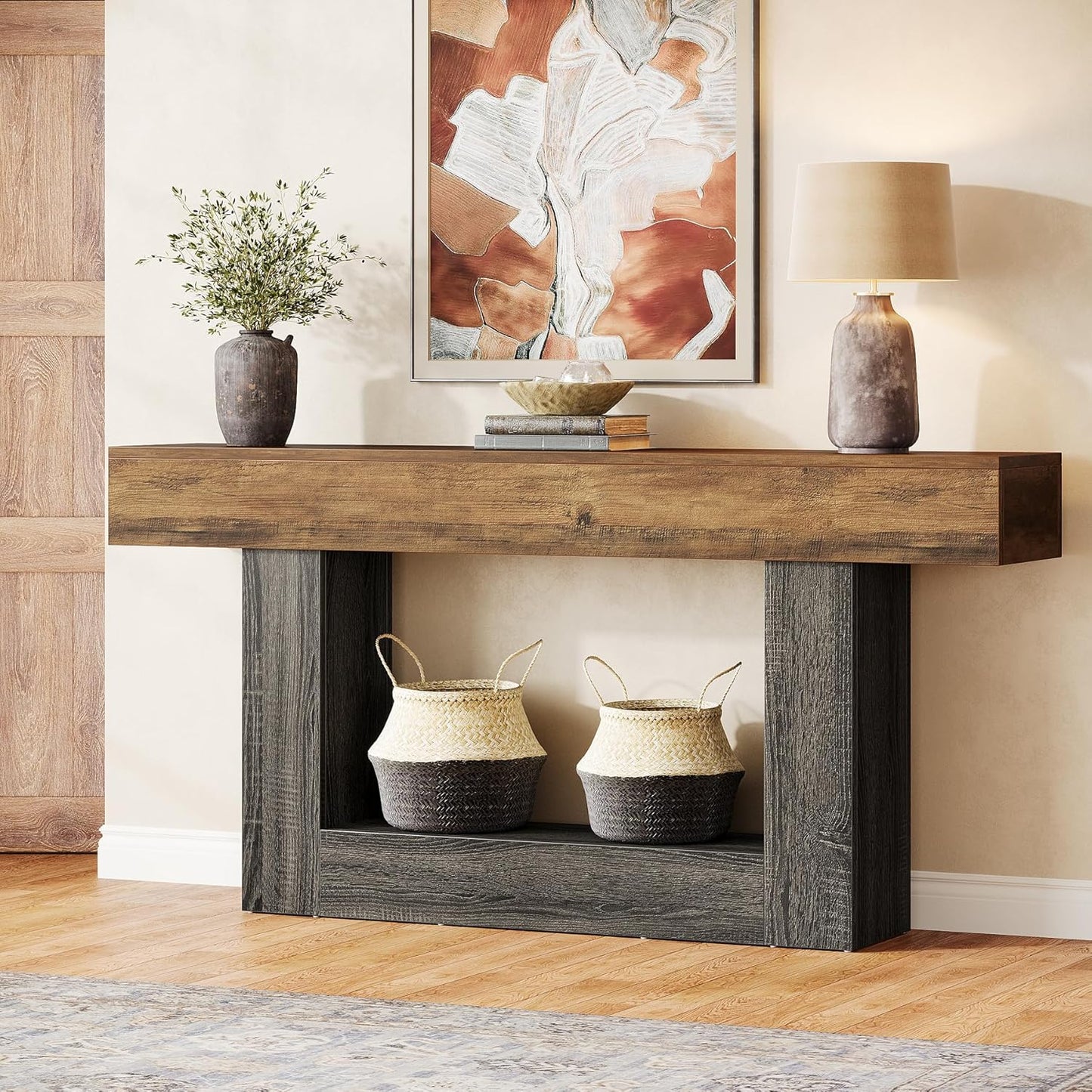 63-Inch Long Console Table, 2-Tier Entryway Table Sofa Table with Storage, Farmhouse Wood behind Couch Tables for Living Room, Hallway, Rustic Brown & Gray