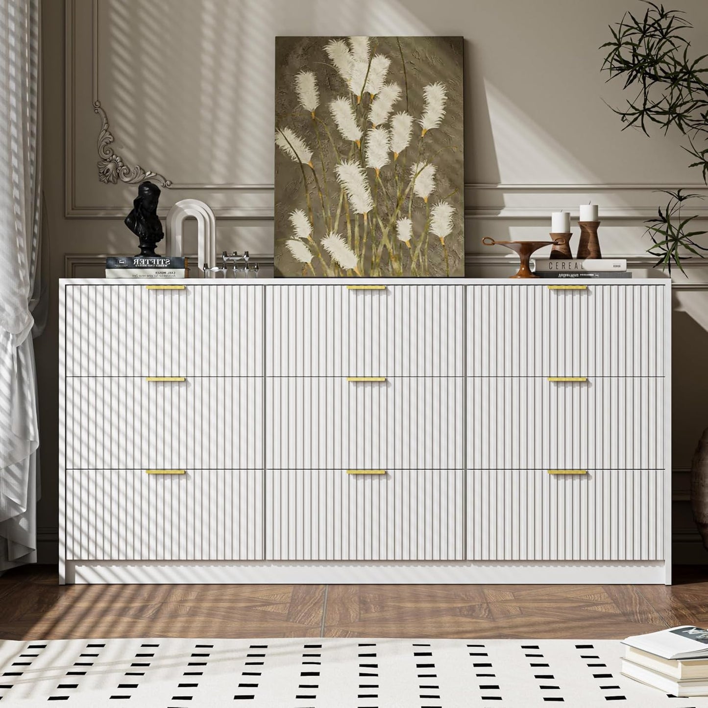 3-Piece Dresser Bedroom Set, 9 Drawer Dresser & 2 Drawer Nightstands with Gold Handles, Fluted Wood Chest of Drawers for Bedroom, Living Room, Entryway, White