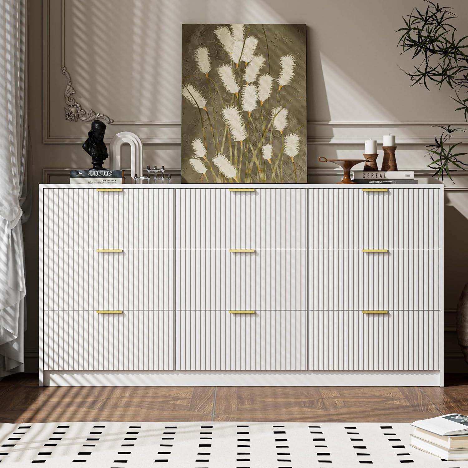 3-Piece Dresser Bedroom Set, 9 Drawer Dresser & 2 Drawer Nightstands with Gold Handles, Fluted Wood Chest of Drawers for Bedroom, Living Room, Entryway, White