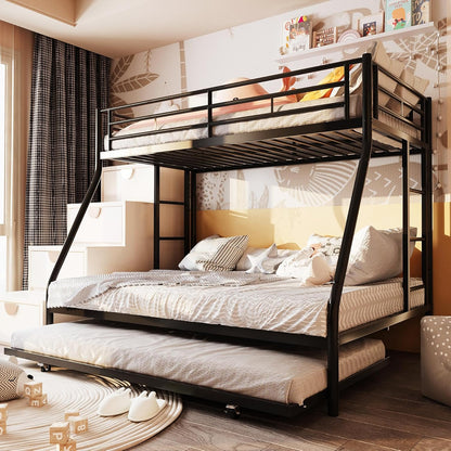 Bunk Bed Twin over Full with Trundle, Twin Trundle Bed with Daybed, Metal Bunk Bed with 2 Secured Ladders, Safety Guard, Noise Free for Small Bedroom, Black (With Trundles, Twin over Full)