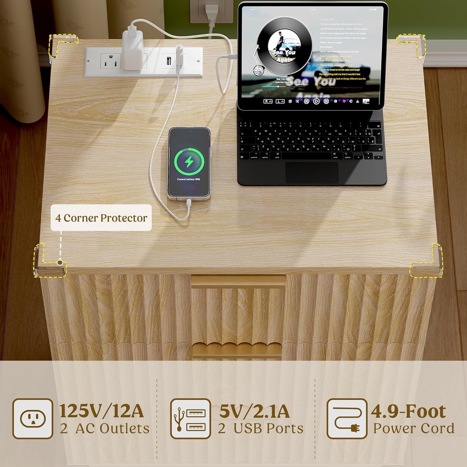 Wood 3 Drawers Dresser Fluted Night Stand with Charging Station, Storage Nightstand Modern Side Table, Bedside Table for Bedroom, Entryway Natural