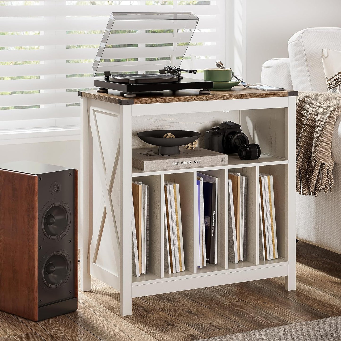 Large Record Player Stand with Charging Station & LED Light, Vinyl Record Holder Hold up to 300 Albums, Farmhouse End Table for Bedroom, Living Room, Antique White