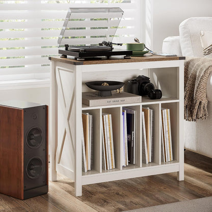 Large Record Player Stand with Charging Station & LED Light, Vinyl Record Holder Hold up to 300 Albums, Farmhouse End Table for Bedroom, Living Room, Antique White