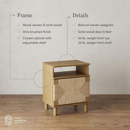 Beacon Wood Nightstand, Bohemian Accent Table or Sofa Side Table with Seagrass Door for Bedroom or Living Room, Light Brown