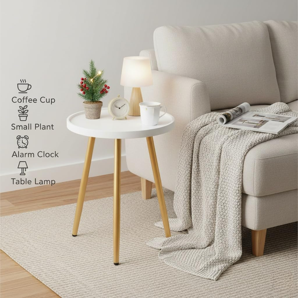 Nursery Side Table, Metal Legged Mini Table with Wooden Tray, Small round End Table for Living Room, Bedroom, Nursery, White & Gold