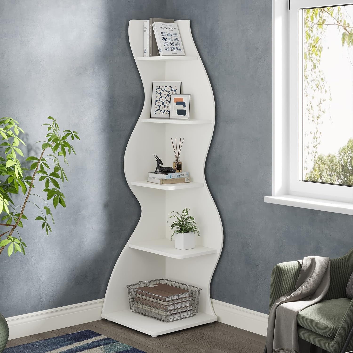Corner Shelf, Modern 5-Tier Wall Corner Bookshelf, Stylish Corner Small Bookcase Storage Rack Plant Stand with Unique Shape for Living Room, Home Office (White, 1PC)