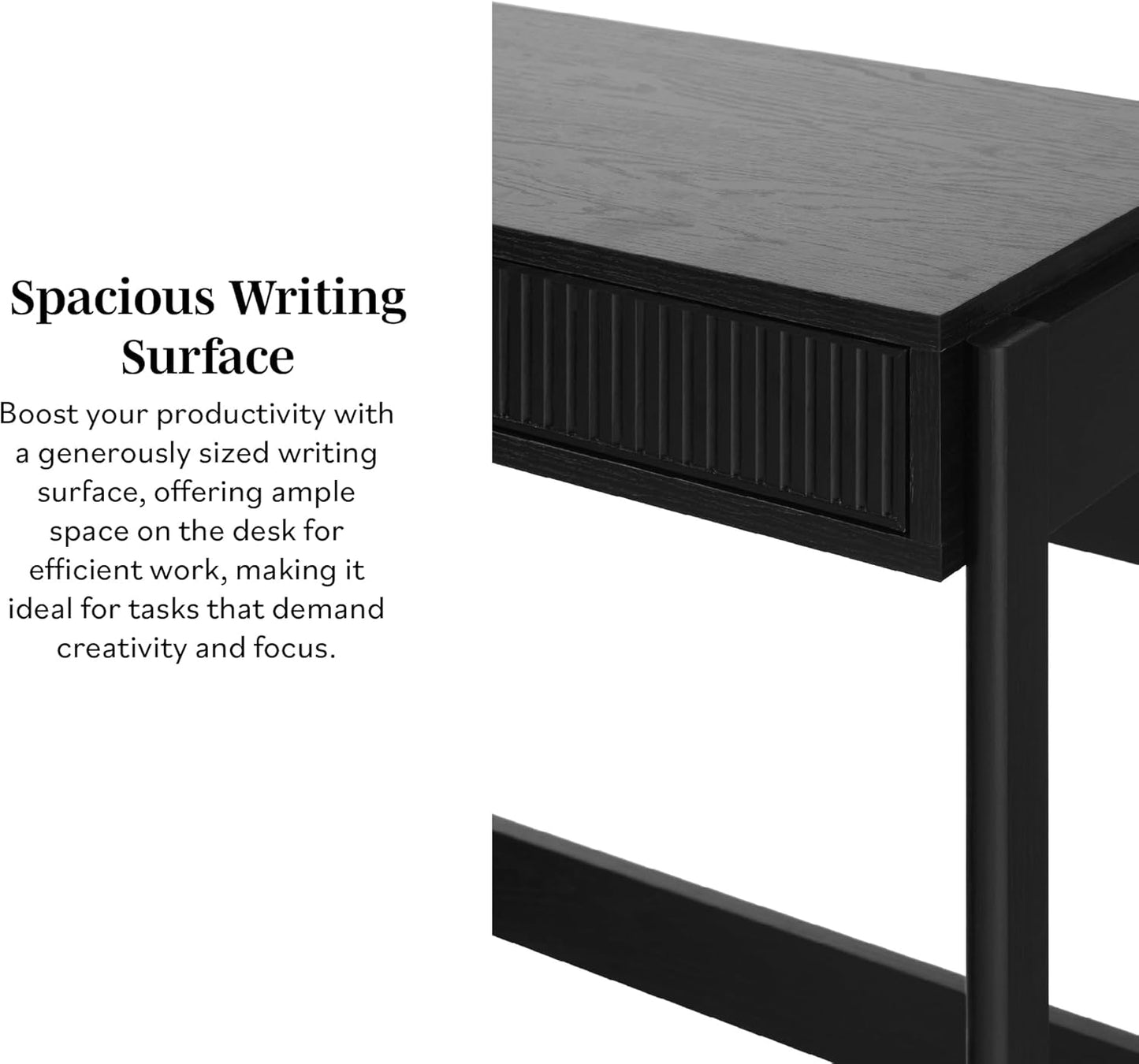 Transitional Office Design, Reeded Drawer Front Detail, Writing Desk with Drawer, Spacious Desktop, Complementary in Living Spaces, 38”W X 16.75”D X 30”H, Black