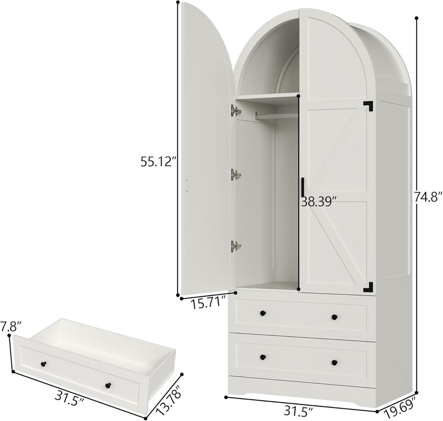 74.8" Armoire Wardrobe Closet with 2 Drawers and 2 Doors, Tall Bedroom Freestanding Armoire Storage Cabinet with Shelves, Wood Large Wardrobe Combination for Hanging Clothes (White)