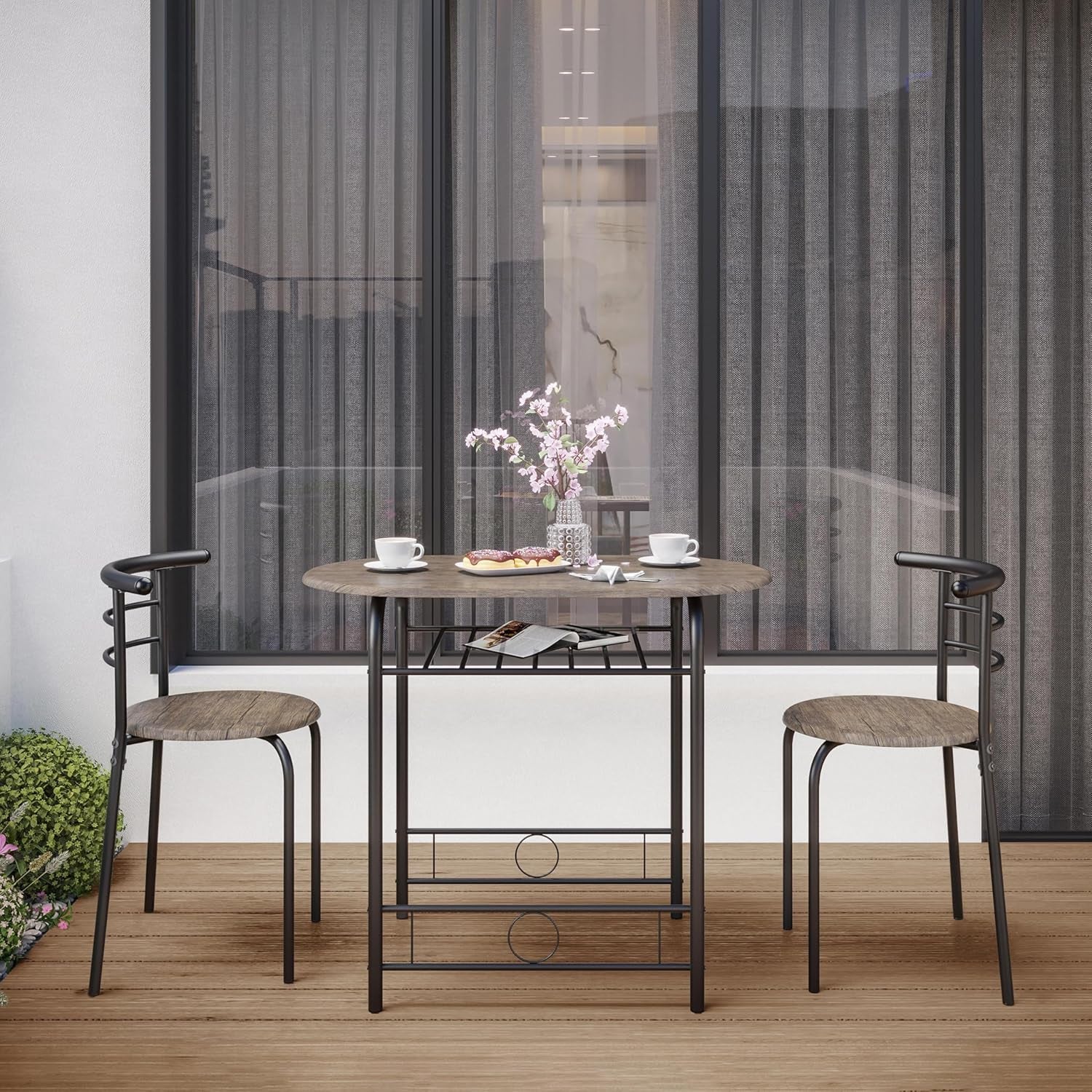 3 Piece Dining Table Set, Kitchen Table & Chair Sets for 2, Compact Bistro Table Set with Steel Legs, Built-In Wine Rack for Small Space, Apartment, Breakfast Nook, Drift Brown