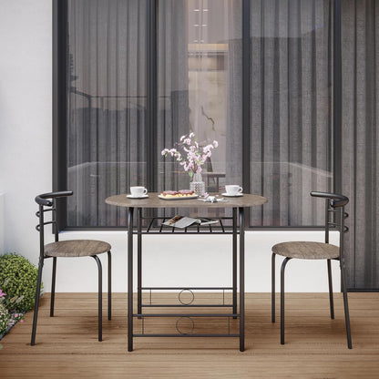3 Piece Dining Table Set, Kitchen Table & Chair Sets for 2, Compact Bistro Table Set with Steel Legs, Built-In Wine Rack for Small Space, Apartment, Breakfast Nook, Drift Brown