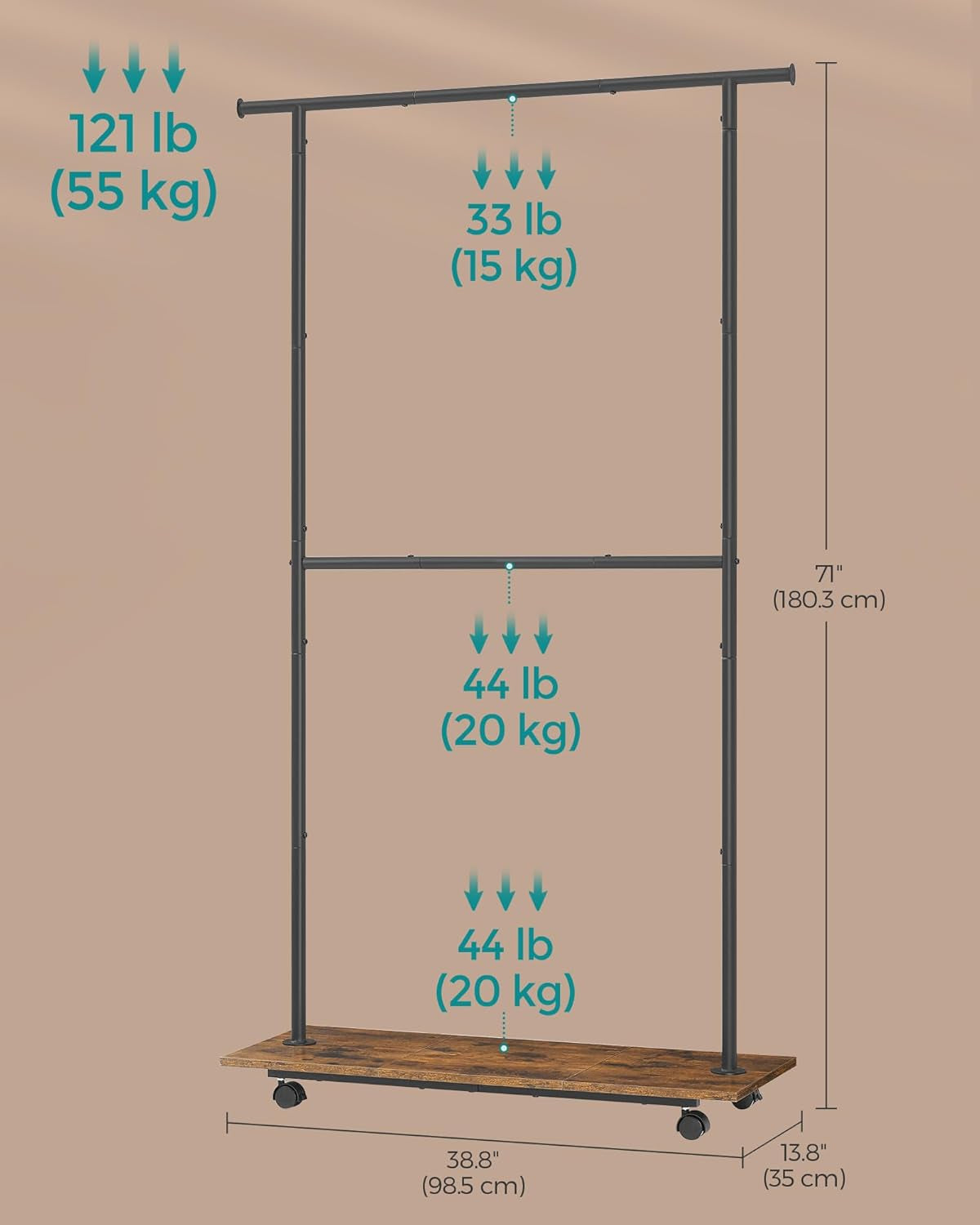 Clothes Rack with Wheels, Middle Rod Clothing Rack for Hanging Clothes, 38.8 Inches Garment Rack with Shelf, Height Adjustable, Loads up to 121 Lb, Rustic Brown and Ink Black UHSR153B01