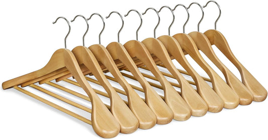 Extra Wide Wooden Suit Hangers, Set of 10 Clothes Hangers, Swivel Hooks, Non-Slip Bars, for Outfits, Suits, Coats, Shirts, Dresses, Natural Color UCRW050KZ02