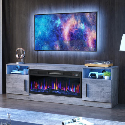 Fireplace TV Stand with 36" Fireplace up to 80" Tvs,70" Entertainment Center with LED Lights,Remote Control,Tv Media Console with Storage Cabinets for Living Room, Gray