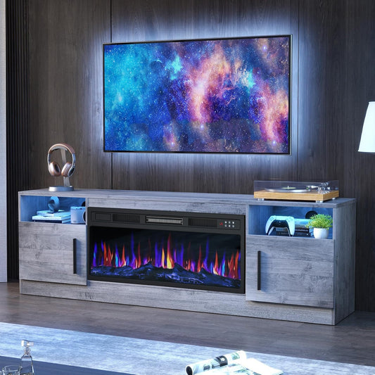 Fireplace TV Stand with 36" Fireplace up to 80" Tvs,70" Entertainment Center with LED Lights,Remote Control,Tv Media Console with Storage Cabinets for Living Room, Gray