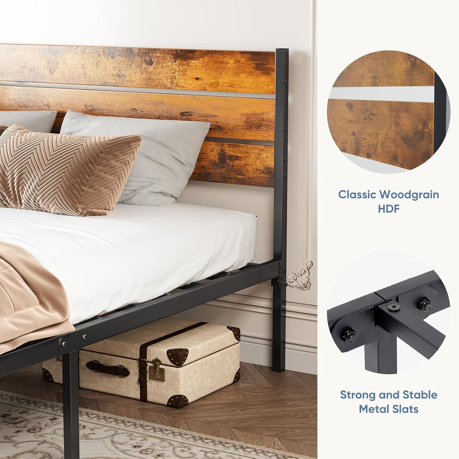 Full Size Bed Frame with Headboard, 800LBS Mattress Foundation with All Sturdy Metal Support, under Bed Storage, No Box Spring Needed, Easy Assembly, Rust Brown