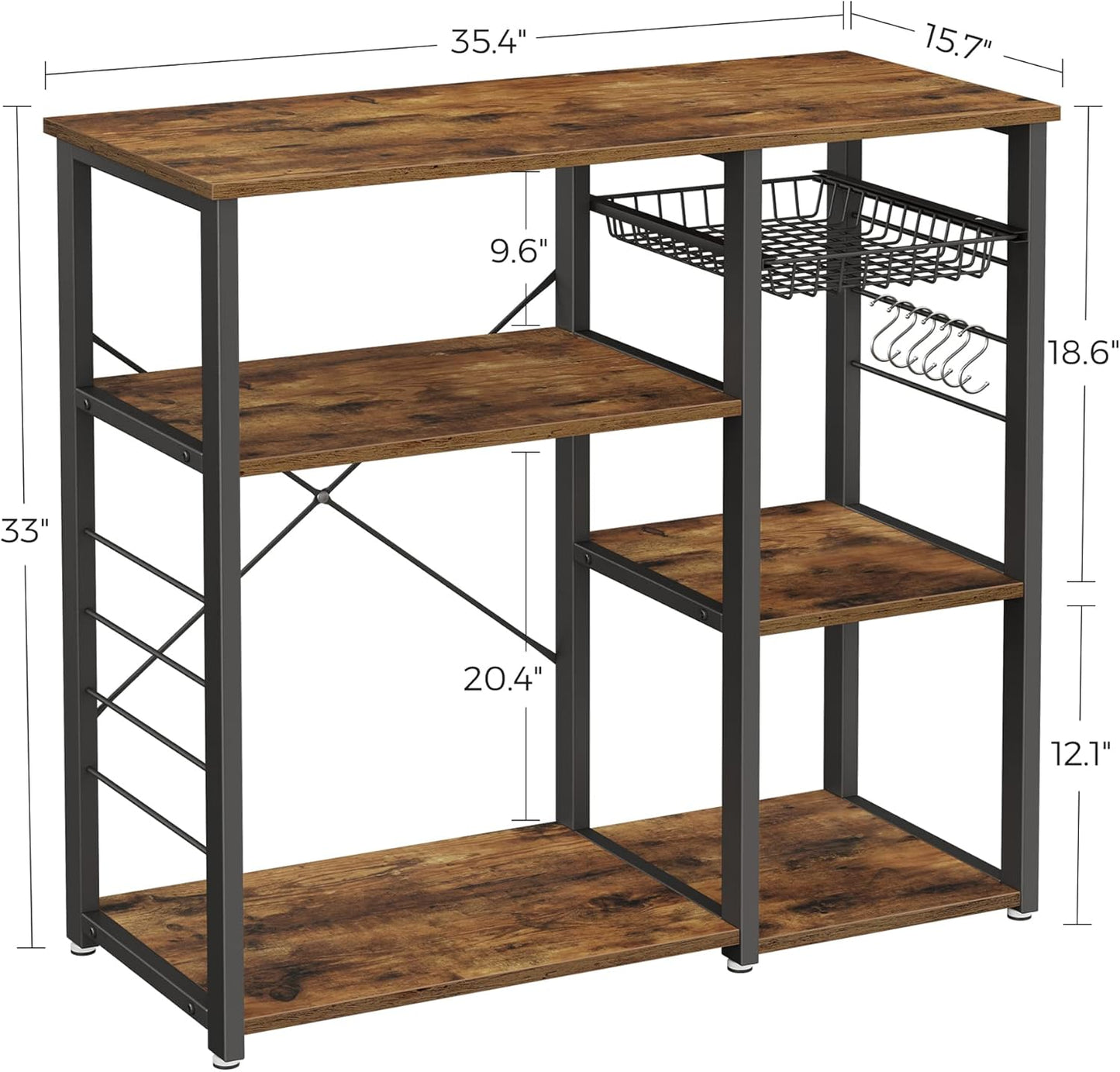 Baker'S Rack, Coffee Bar Stand with Charging Station, 33 Inches Tall, Storage Shelves, Pull-Out Wire Basket, Table for Microwave, Kitchen, Rustic Brown and Ink Black UKKS90X