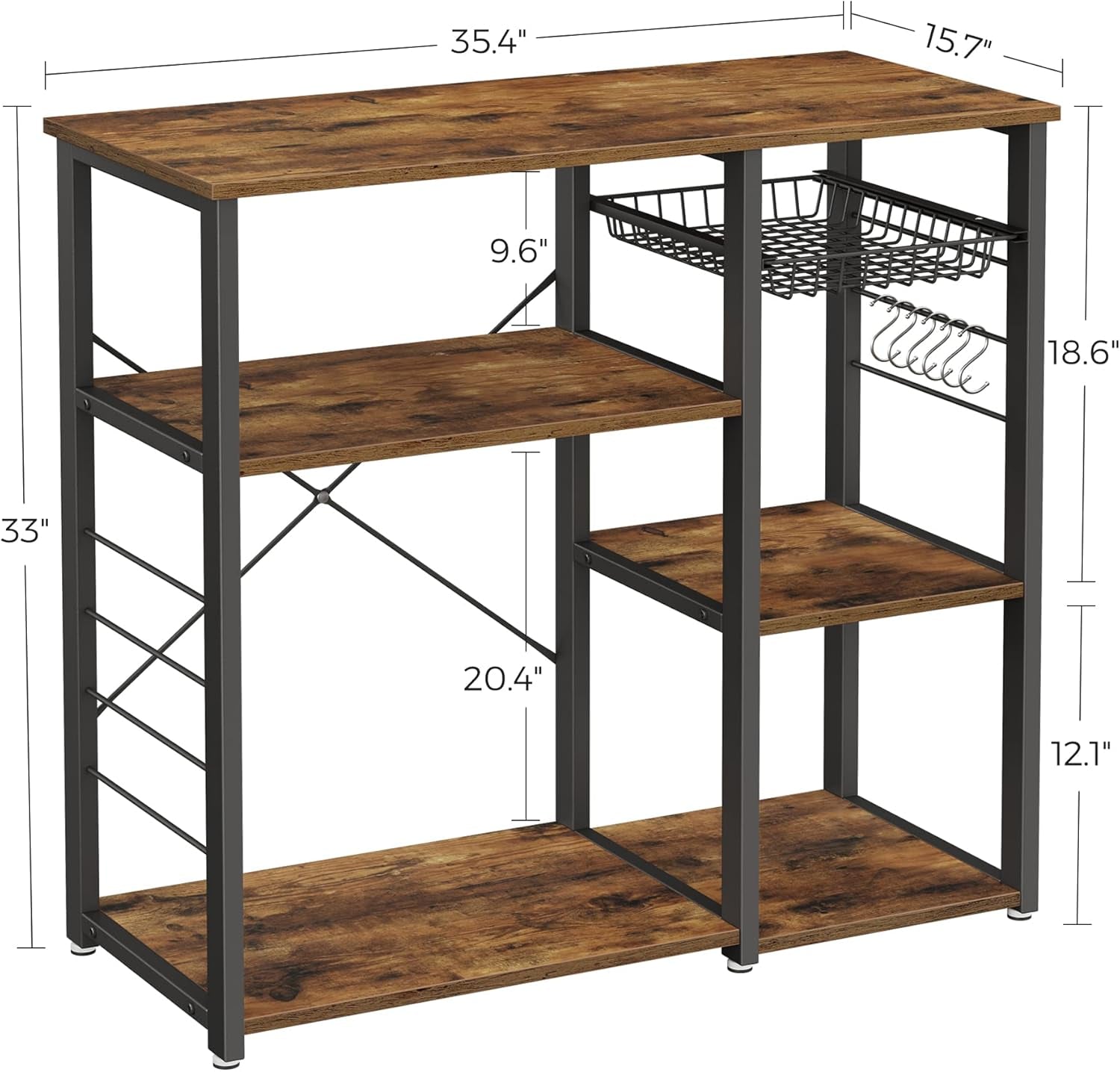 Baker'S Rack, Coffee Bar Stand with Charging Station, 33 Inches Tall, Storage Shelves, Pull-Out Wire Basket, Table for Microwave, Kitchen, Rustic Brown and Ink Black UKKS90X