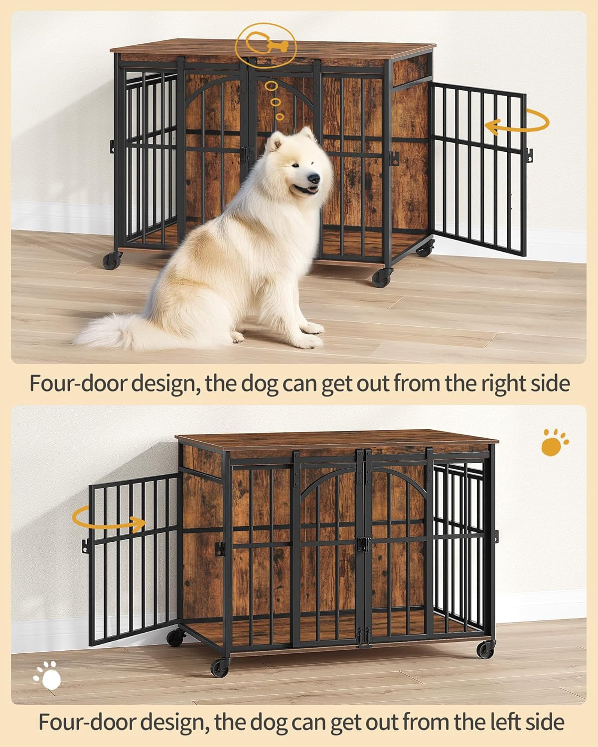 37.4" Dog Crate Furniture with Wheels, Wooden Pet Cage Indoor with Barn Door, L Dog Kennel Heavy Duty, Decorative Pet Crate for Small/Medium Dogs, End Table TV Stand, Rustic Brown DFC86201B