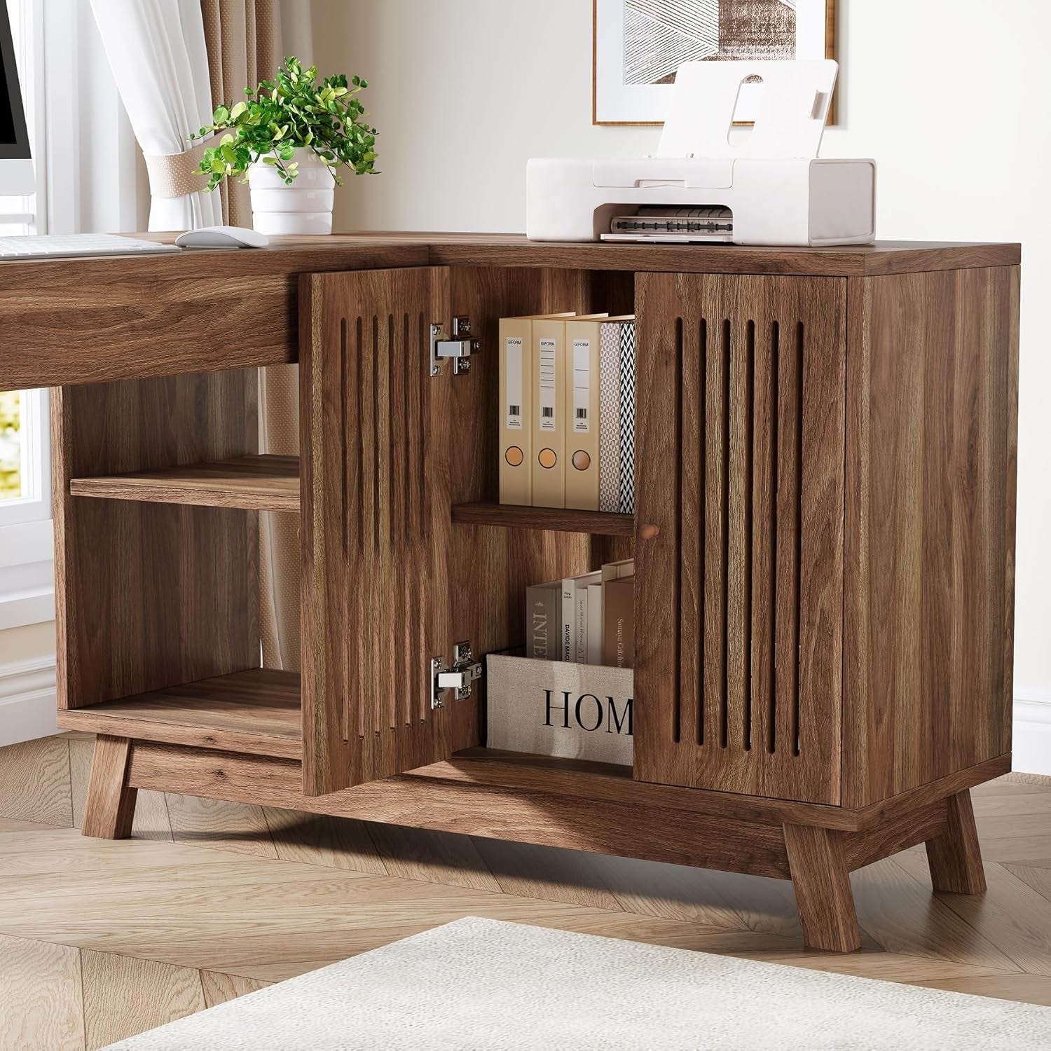 L-Shaped Desk with Storage Cabinet, 57-Inch Wood Corner Workstation, Home Office Computer Desk, Study Writing Table for Bedroom, Walnut